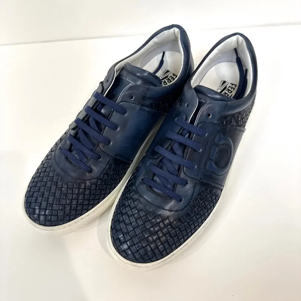 Salvatore Ferragamo Gancio Navy Blue Woven Low Top Sneaker 11 White Sole Shoes